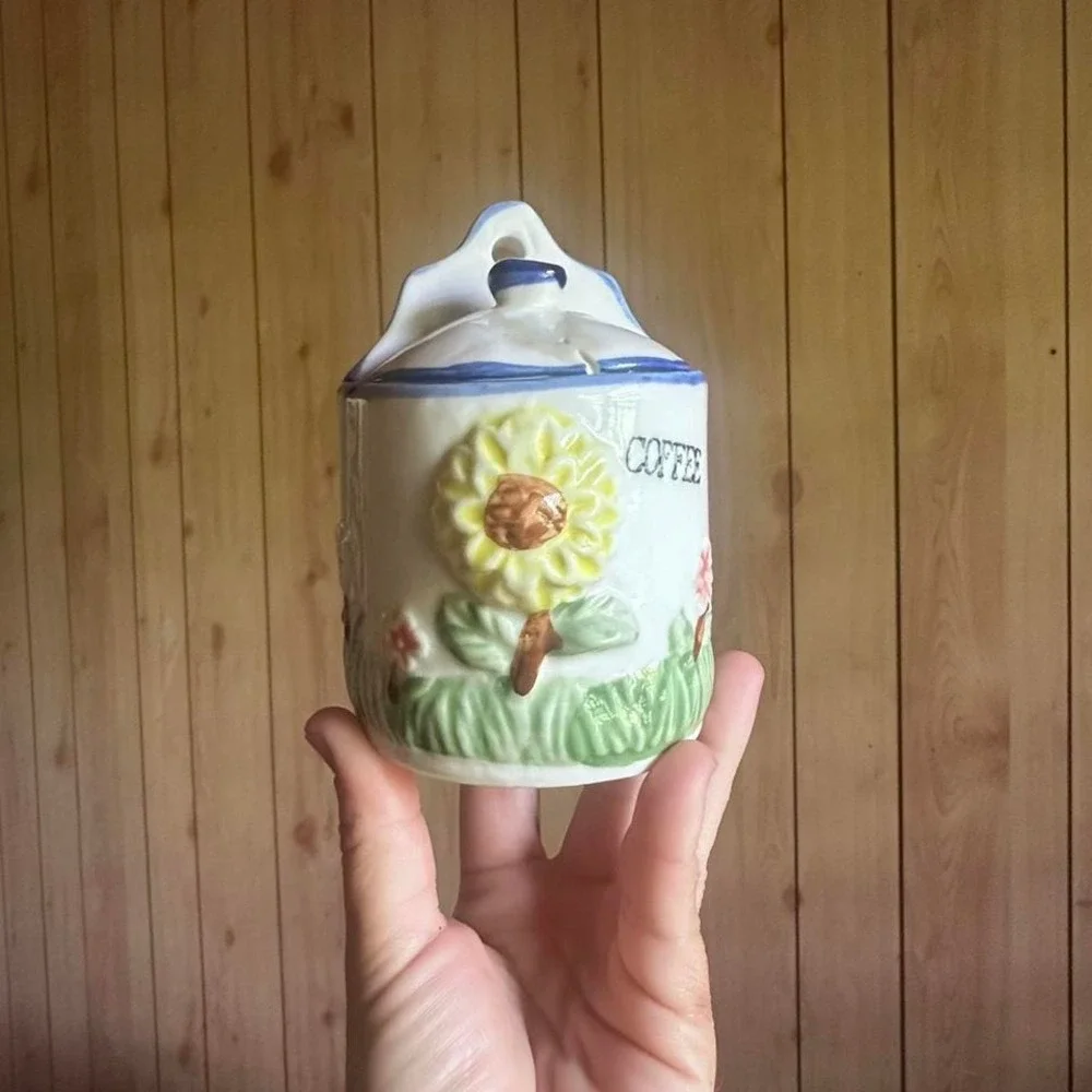 Vintage Ceramic Sunflower‎ Canister Set With Wooden Tray Coffee Tea Sugar